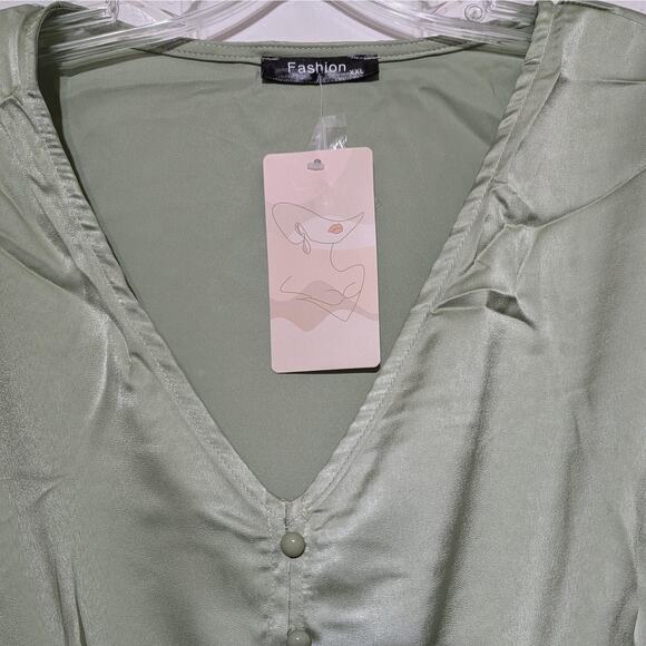 Fashion Satin Outfit Womens XXL Green Long Sleeve Button Top & Jogger Pant Set - Picture 7 of 14